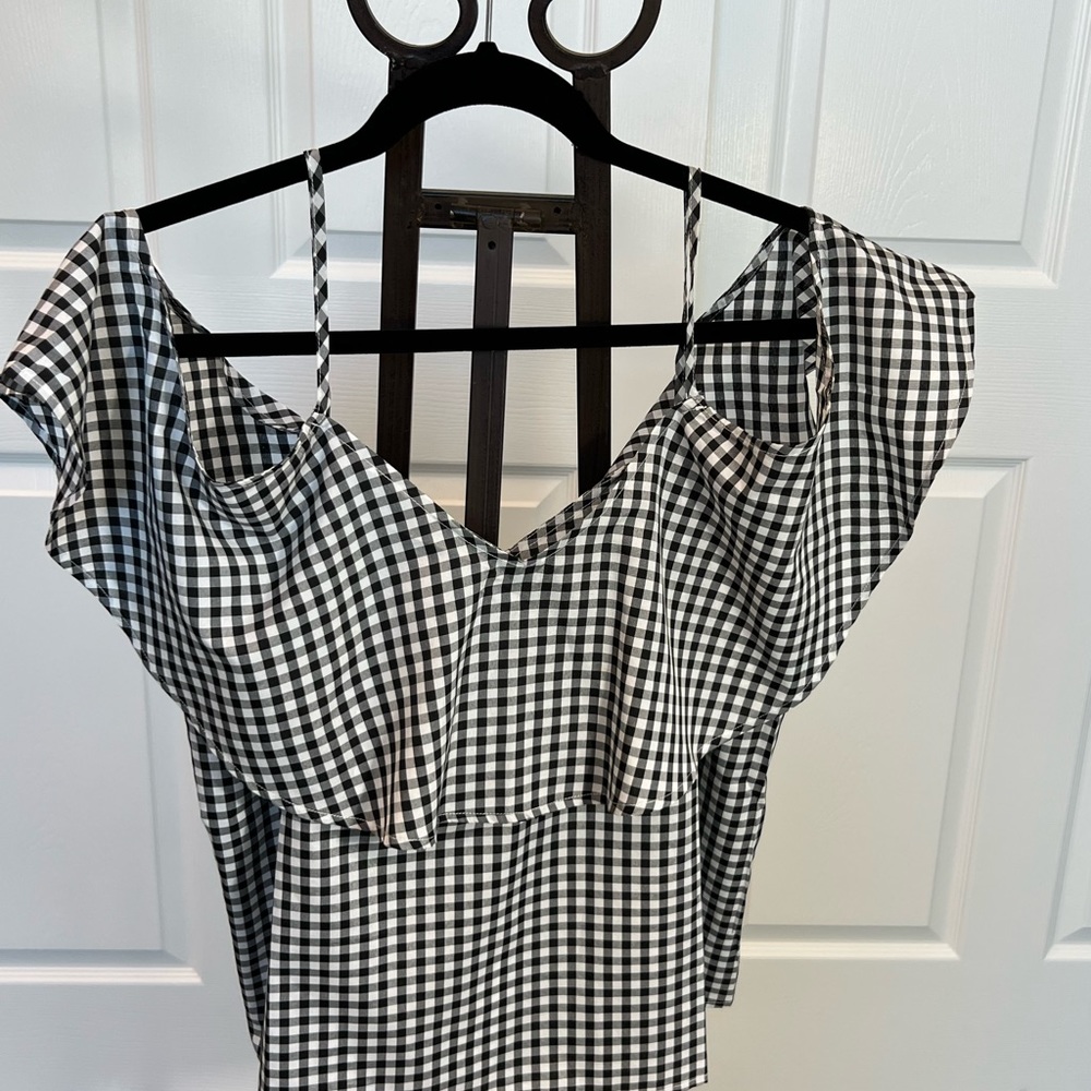 Black and white checkered off the shoulder top